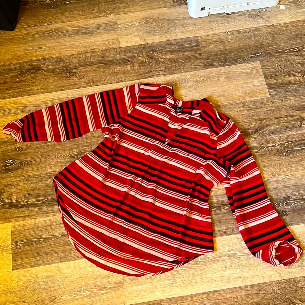 Torrid 1X Sheer Blouse Long Sleeve Red Black and Tan stripes New No Tags 🏷️